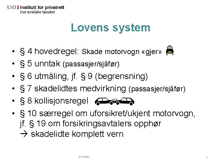 Lovens system • • • § 4 hovedregel: Skade motorvogn «gjer» § 5 unntak