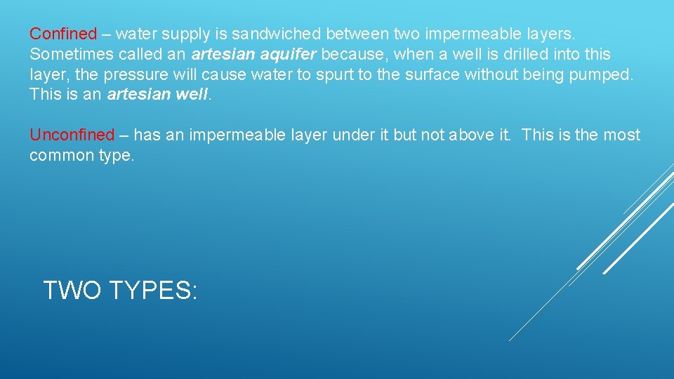 Confined – water supply is sandwiched between two impermeable layers. Sometimes called an artesian