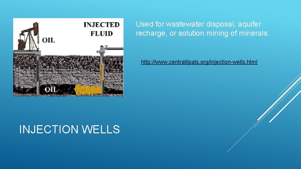 Used for wastewater disposal, aquifer recharge, or solution mining of minerals. http: //www. centralilpals.