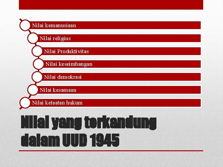 Nilai kemanusiaan Nilai religius Nilai Produktivitas Nilai keseimbangan Nilai demokrasi Nilai kesamaan Nilai ketaatan