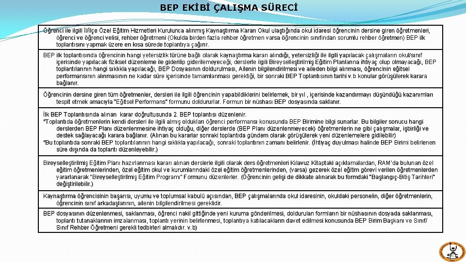 BEP EKİBİ ÇALIŞMA SÜRECİ Öğrenci ile ilgili İl/İlçe Özel Eğitim Hizmetleri Kurulunca alınmış Kaynaştırma