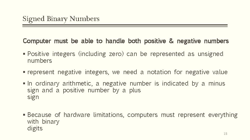 Signed Binary Numbers Computer must be able to handle both positive & negative numbers Signed Binary Numbers Computer must be able to handle both positive & negative numbers