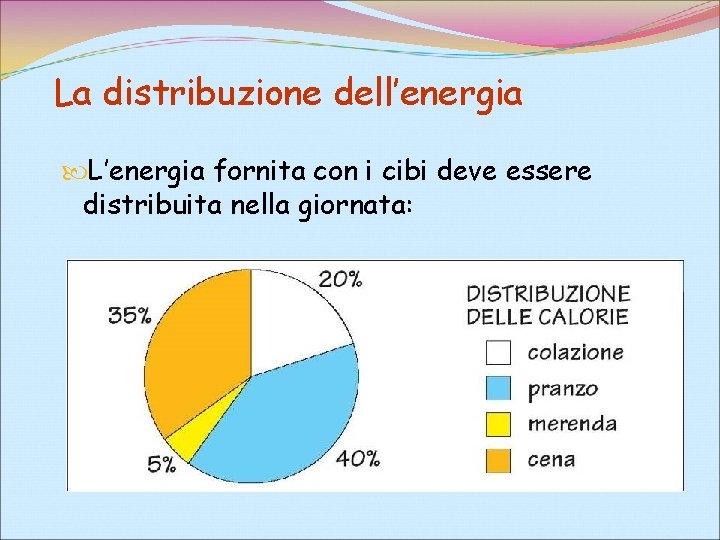 La distribuzione dell’energia L’energia fornita con i cibi deve essere distribuita nella giornata: 