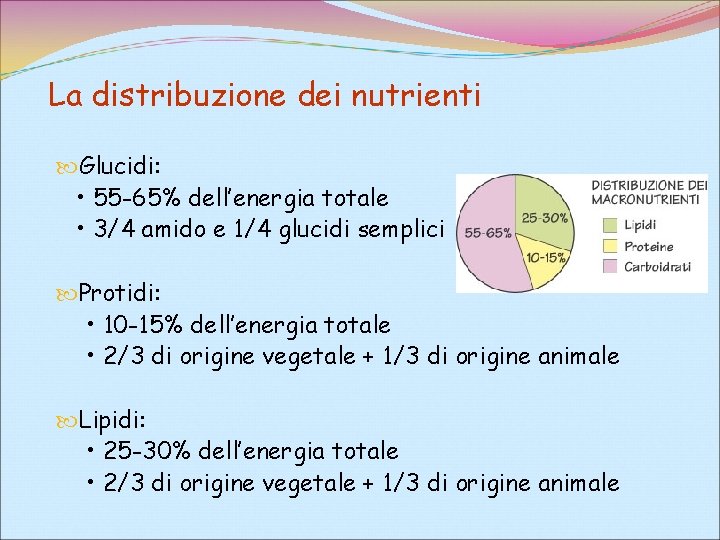 La distribuzione dei nutrienti Glucidi: • 55 -65% dell’energia totale • 3/4 amido e