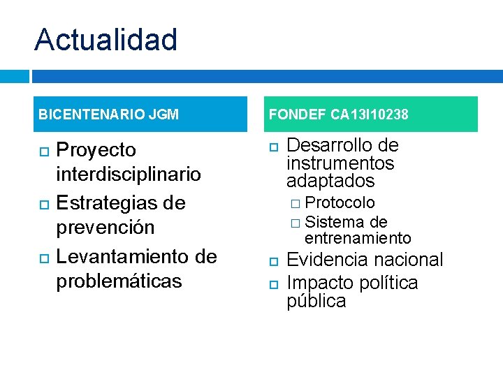 Actualidad BICENTENARIO JGM Proyecto interdisciplinario Estrategias de prevención Levantamiento de problemáticas FONDEF CA 13