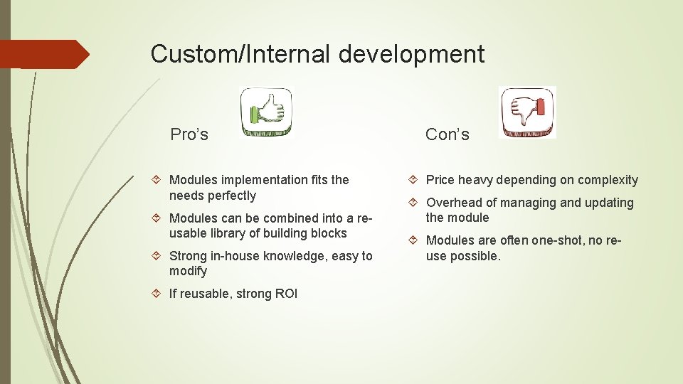 Custom/Internal development Pro’s Modules implementation fits the needs perfectly Modules can be combined into