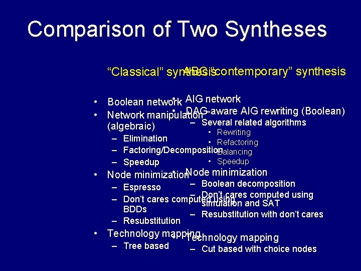 Comparison of Two Syntheses ABC “contemporary” synthesis “Classical” synthesis • AIG network • Boolean