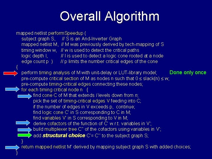 Overall Algorithm mapped netlist perform. Speedup ( subject graph S, // S is an