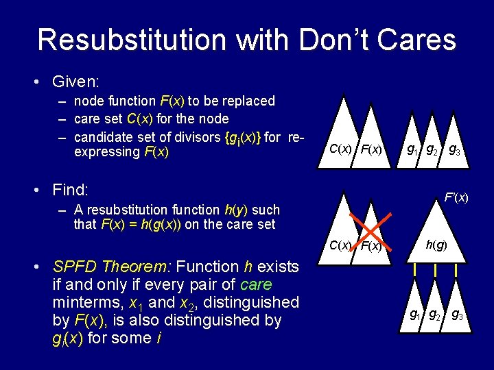 Resubstitution with Don’t Cares • Given: – node function F(x) to be replaced –
