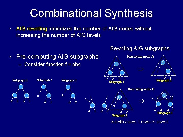Combinational Synthesis • AIG rewriting minimizes the number of AIG nodes without increasing the
