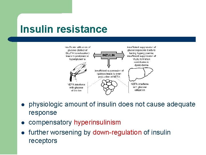 Insulin resistance l l l physiologic amount of insulin does not cause adequate response