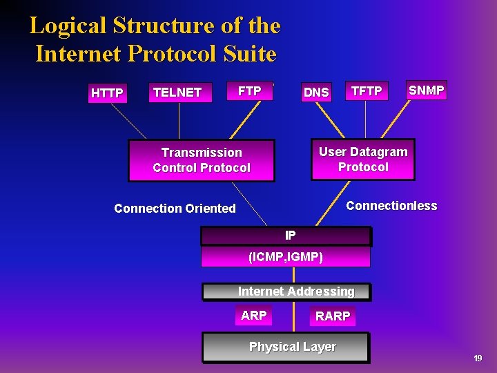 Logical Structure of the Internet Protocol Suite HTTP TELNET FTP TFTP DNS SNMP User