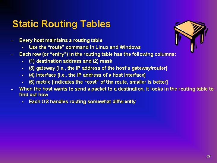 Static Routing Tables – – – Every host maintains a routing table • Use