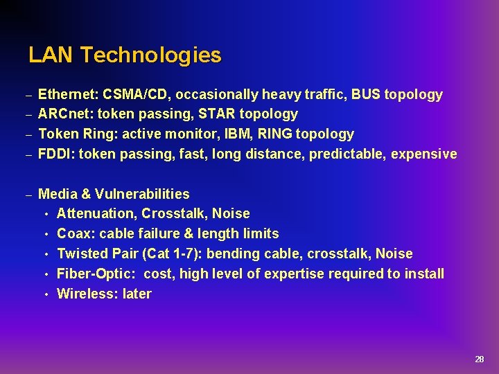 LAN Technologies Ethernet: CSMA/CD, occasionally heavy traffic, BUS topology – ARCnet: token passing, STAR