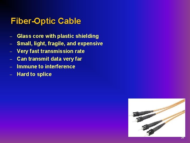 Fiber-Optic Cable – – – Glass core with plastic shielding Small, light, fragile, and