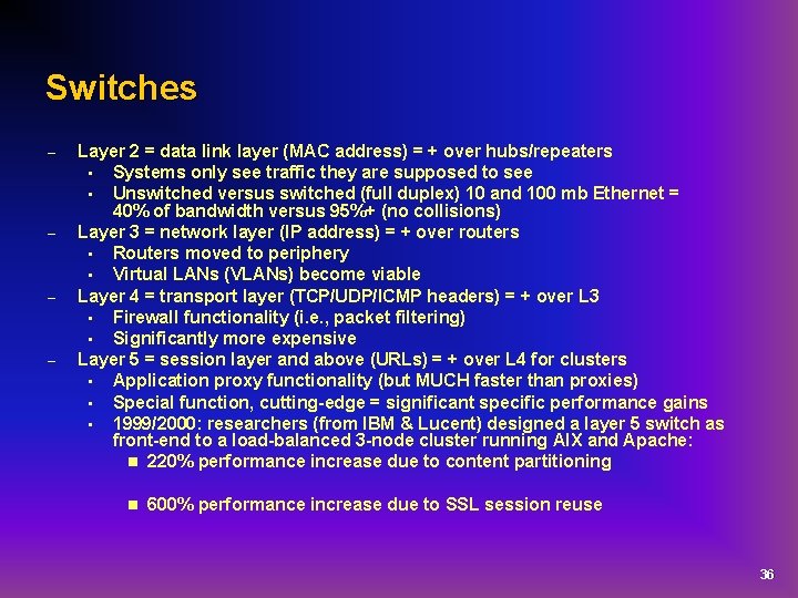 Switches – – Layer 2 = data link layer (MAC address) = + over