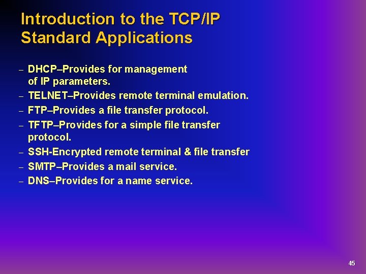 Introduction to the TCP/IP Standard Applications – – – – DHCP–Provides for management of