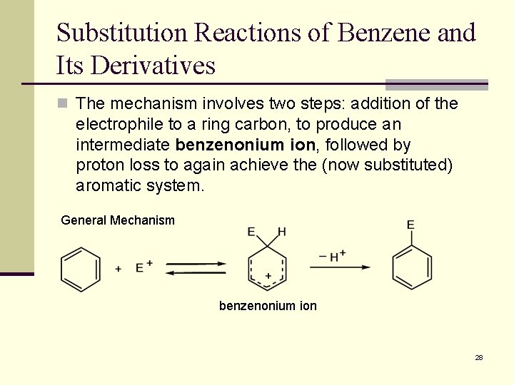 Substitution Reactions of Benzene and Its Derivatives n The mechanism involves two steps: addition
