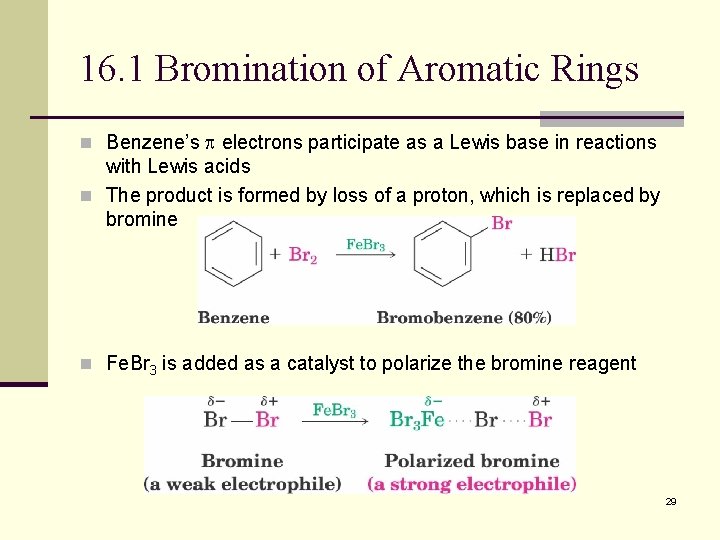 16. 1 Bromination of Aromatic Rings n Benzene’s electrons participate as a Lewis base
