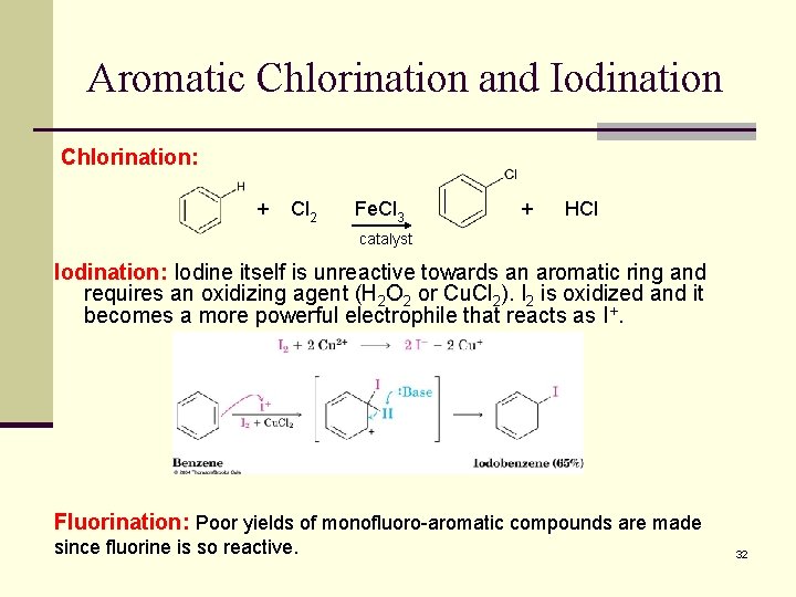 Aromatic Chlorination and Iodination Chlorination: + Cl 2 Fe. Cl 3 + HCl catalyst