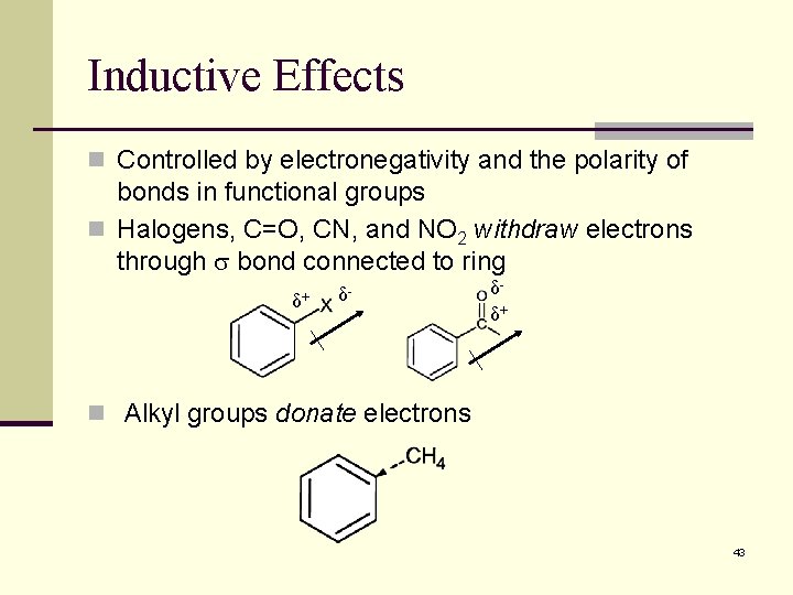 Inductive Effects n Controlled by electronegativity and the polarity of bonds in functional groups