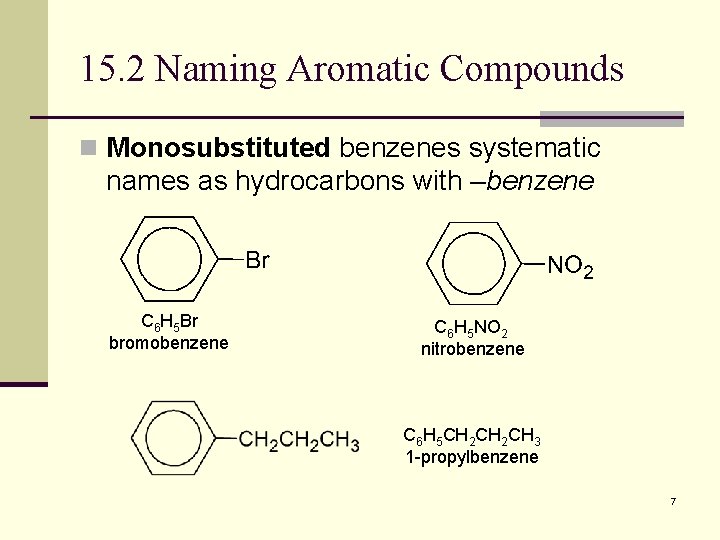 15. 2 Naming Aromatic Compounds n Monosubstituted benzenes systematic names as hydrocarbons with –benzene