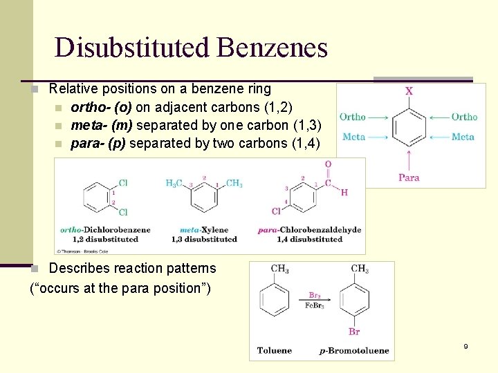 Disubstituted Benzenes n Relative positions on a benzene ring n n n ortho- (o)