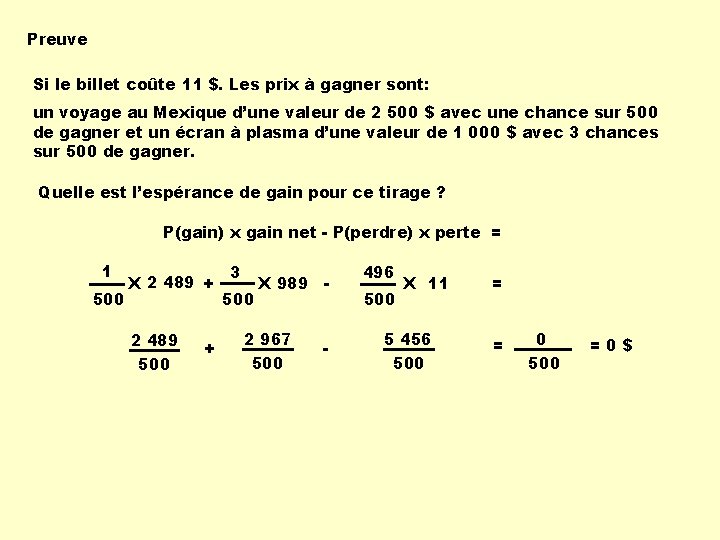 Preuve Si le billet coûte 11 $. Les prix à gagner sont: un voyage