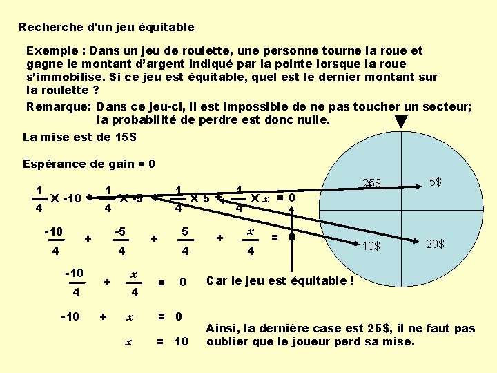 Recherche d’un jeu équitable Exemple : Dans un jeu de roulette, une personne tourne