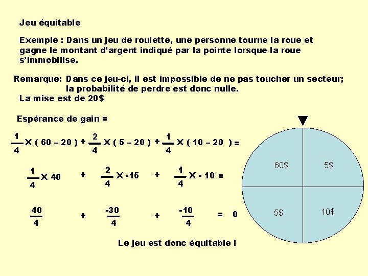 Jeu équitable Exemple : Dans un jeu de roulette, une personne tourne la roue