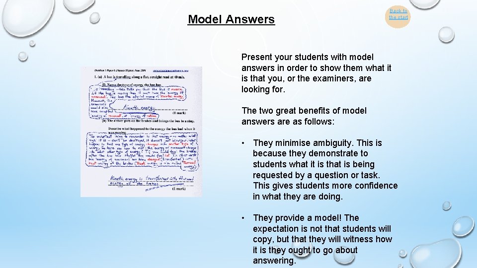 Model Answers Back to the start Present your students with model answers in order