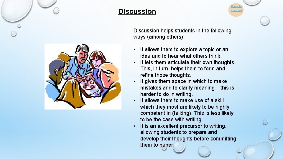 Discussion Back to the start Discussion helps students in the following ways (among others):