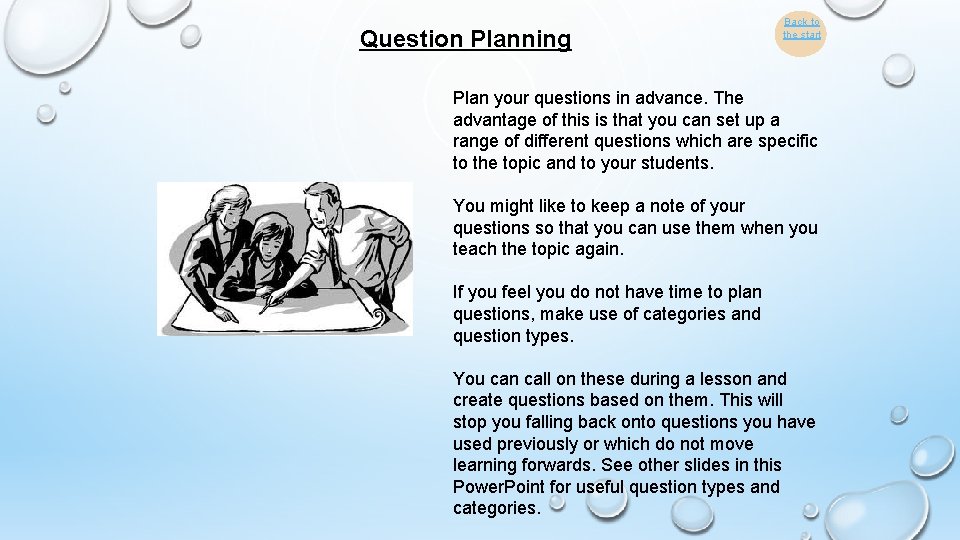 Question Planning Back to the start Plan your questions in advance. The advantage of