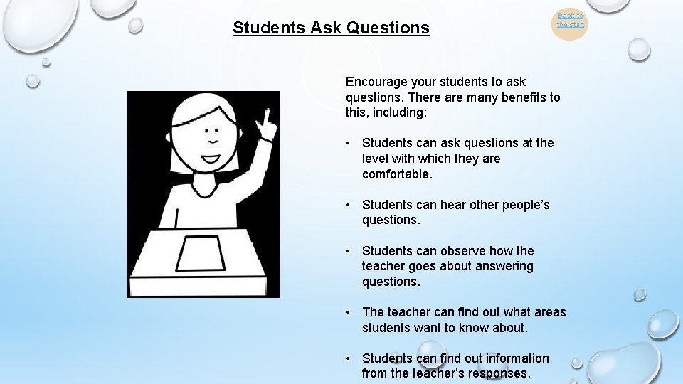 Students Ask Questions Back to the start Encourage your students to ask questions. There