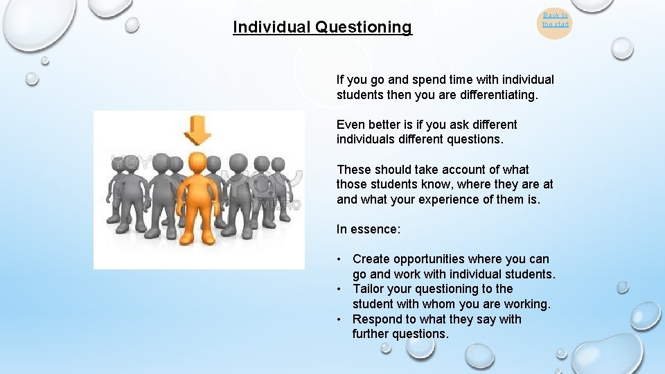 Individual Questioning Back to the start If you go and spend time with individual