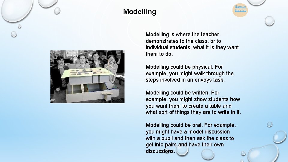 Modelling Back to the start Modelling is where the teacher demonstrates to the class,