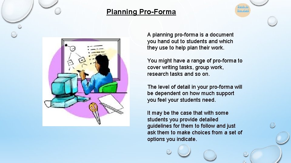 Planning Pro-Forma Back to the start A planning pro-forma is a document you hand