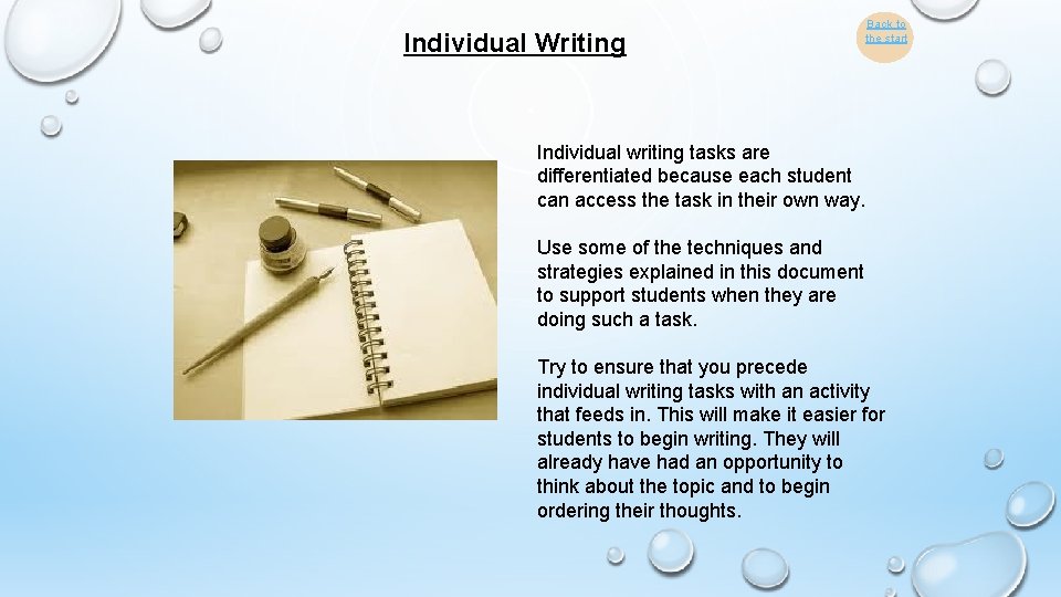 Individual Writing Back to the start Individual writing tasks are differentiated because each student