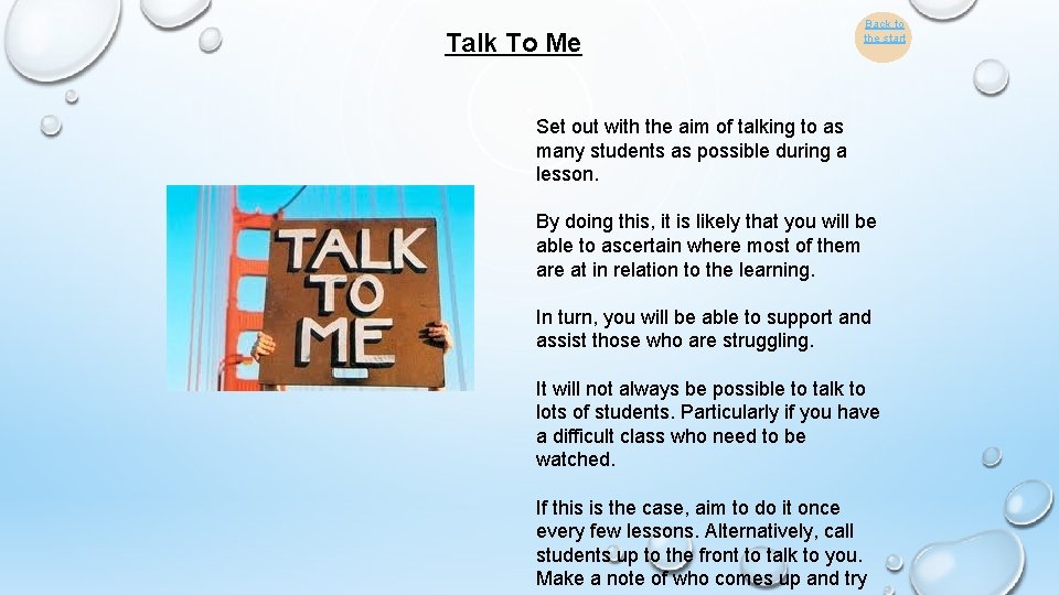 Talk To Me Back to the start Set out with the aim of talking