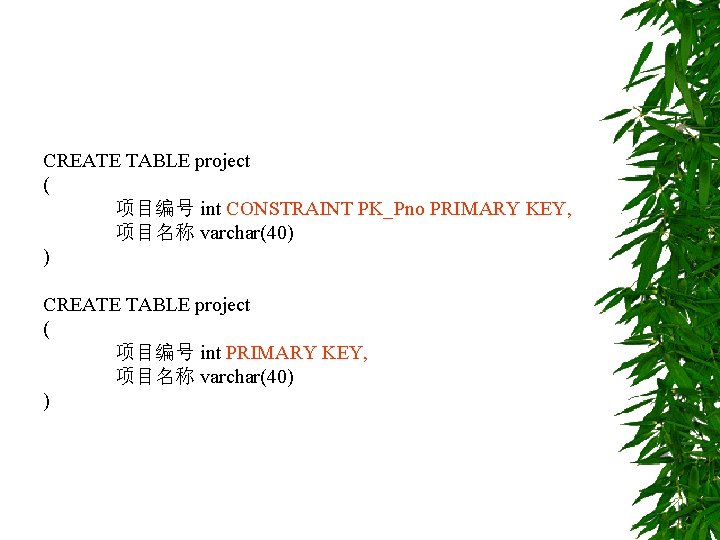 CREATE TABLE project ( 项目编号 int CONSTRAINT PK_Pno PRIMARY KEY, 项目名称 varchar(40) ) CREATE