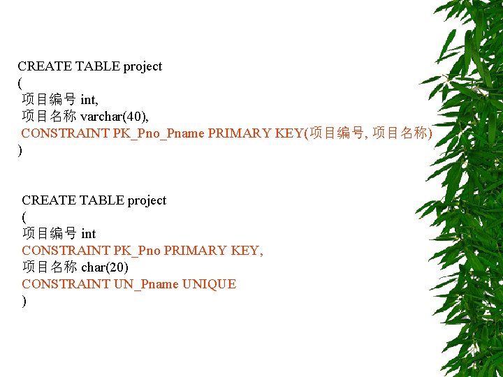 CREATE TABLE project ( 项目编号 int, 项目名称 varchar(40), CONSTRAINT PK_Pno_Pname PRIMARY KEY(项目编号, 项目名称) )