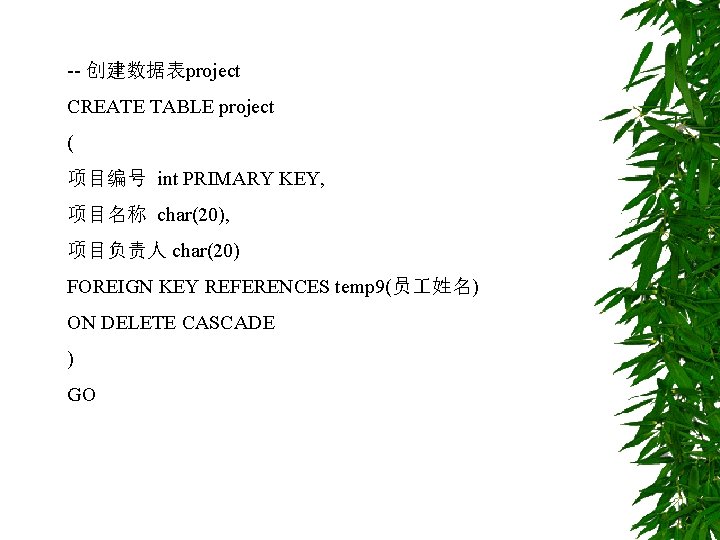-- 创建数据表project CREATE TABLE project ( 项目编号 int PRIMARY KEY, 项目名称 char(20), 项目负责人 char(20)