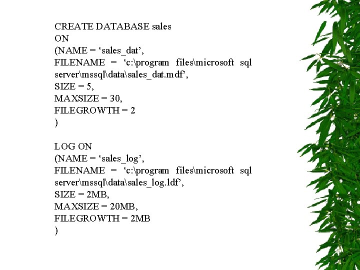 CREATE DATABASE sales ON (NAME = ‘sales_dat’, FILENAME = ‘c: program filesmicrosoft sql servermssqldatasales_dat.