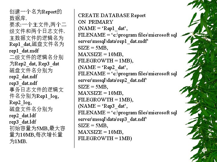 创建一个名为Report的 数据库. 要求: 一个主文件, 两个二 级文件和两个日志文件. 主数据文件的逻辑名为 Rep 1_dat, 磁盘文件名为 rep 1_dat. mdf 二级文件的逻辑名分别