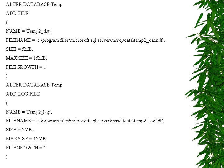 ALTER DATABASE Temp ADD FILE ( NAME = 'Temp 2_dat', FILENAME = 'c: program