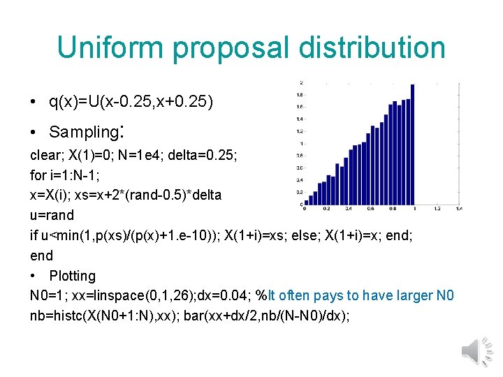 Uniform proposal distribution • q(x)=U(x-0. 25, x+0. 25) • Sampling: clear; X(1)=0; N=1 e Uniform proposal distribution • q(x)=U(x-0. 25, x+0. 25) • Sampling: clear; X(1)=0; N=1 e