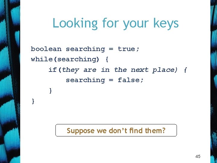 Looking for your keys boolean searching = true; while(searching) { if(they are in the