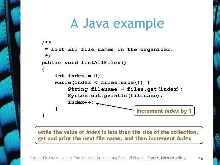 A Java example /** * List all file names in the organizer. */ public