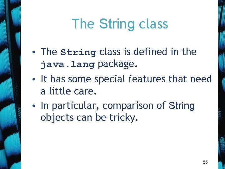 The String class • The String class is defined in the java. lang package.