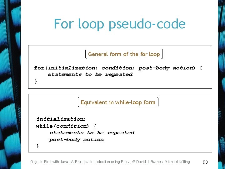 For loop pseudo-code General form of the for loop for(initialization; condition; post-body action) {